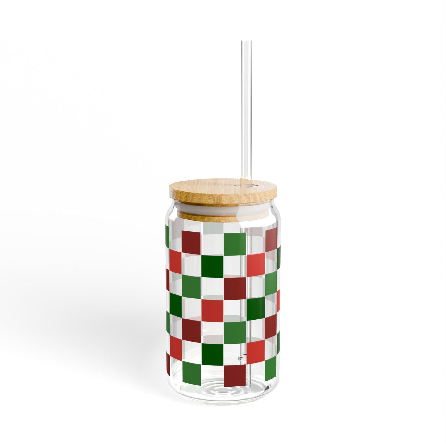 Christmas Plaid Libbey Glass Can Cup 16oz – Red Green Black Holiday Tumbler with Lid & Straw, Cozy Iced Coffee Gift Idea
