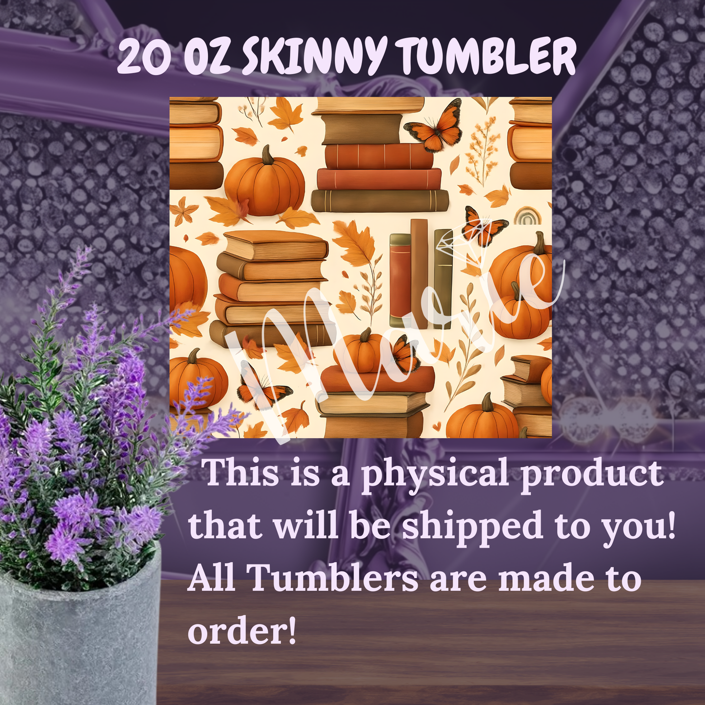 Autumn Books 20oz Skinny Tumbler, Fall Pumpkin and Butterfly Design, Book Lover Gift, Fall Aesthetic Drinkware, Physical Tumbler