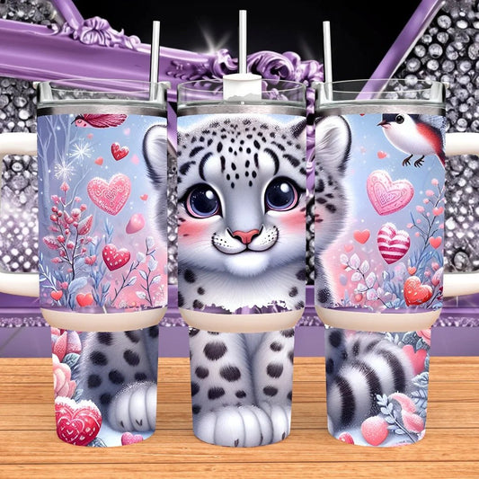 Baby Snow Leopard 40oz Tumbler With Handle Pink Heart Stainless Steel Travel Mug Winter Aesthetic Gift by Marie Gems