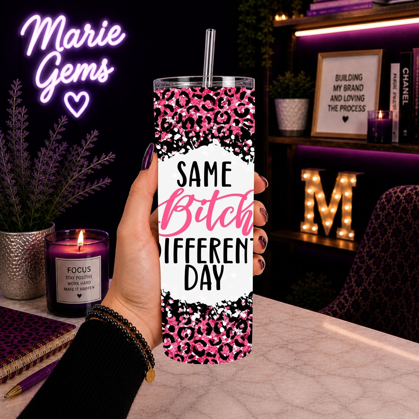 Hand holding Funny Snarky 20oz Tumbler Same Bitch Different Day Pink Cheetah Print Travel Mug Glitter Animal Print Gift For Her