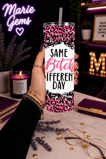 Funny Snarky Handmade 20 oz Stainless Steel Tumbler showing a pink cheetah-inspired print with a glittery look, product image 2