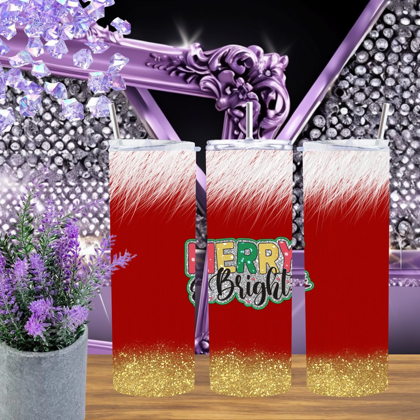 Merry & Bright Tumbler 20 oz – Red Christmas Tumbler with Faux Fur & Gold Glitter, Holiday Skinny Cup Gift for Her