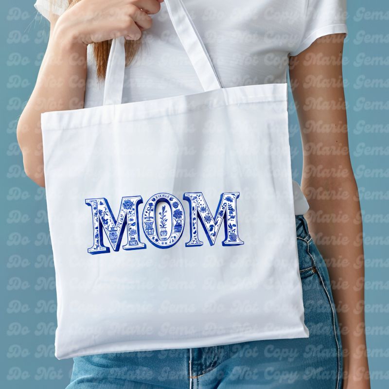 Chinoiserie MOM PNG: Floral Blue & White Design for Mother's Day Crafts. Elegant Digital Download for Sublimation, Prints & More, Commercial Use