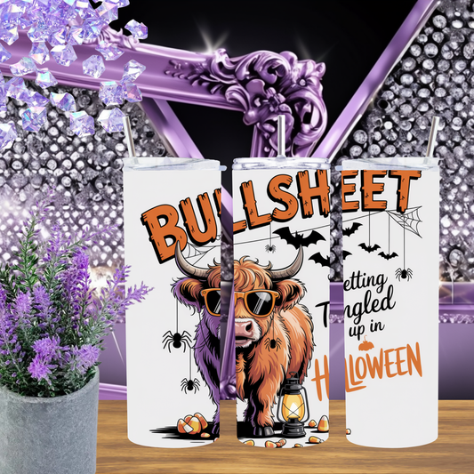 Bullsheet Highland Cow 20oz Skinny Tumbler, Tangled in Halloween, Funny Spooky Season Physical Tumbler for Cow Lovers
