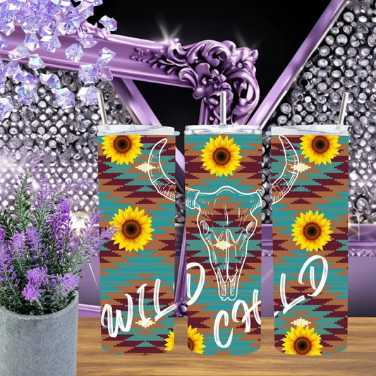 Southwest Wild Child 20oz Tumbler Stainless Steel Longhorn Skull Boho Aztec Pattern Drinkware Handmade Gift For Her by Marie Gems