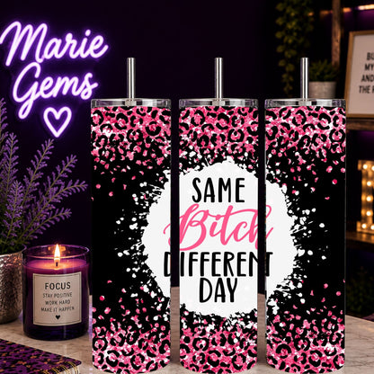 Funny Snarky Handmade 20 oz Stainless Steel Tumbler showing a pink cheetah-inspired print with a glittery look, product image 3