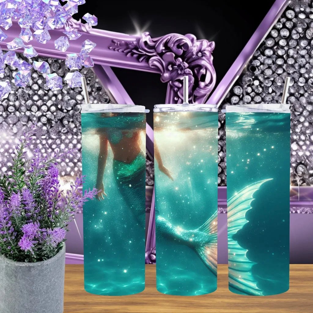 Ethereal Mermaid 20oz Tumbler • Underwater Siren Stainless Steel Cup • Mystical Ocean Fantasy Gift • Handmade Teal & Gold Aesthetic Drinkware by Marie Gems