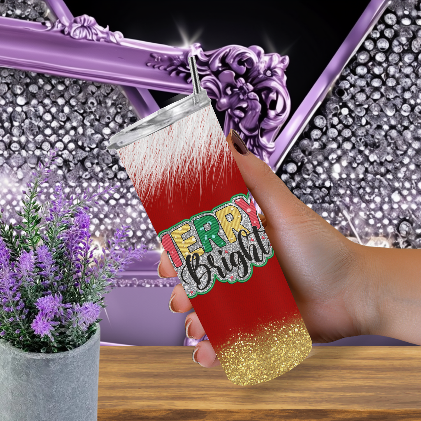 Merry & Bright Tumbler 20 oz – Red Christmas Tumbler with Faux Fur & Gold Glitter, Holiday Skinny Cup Gift for Her