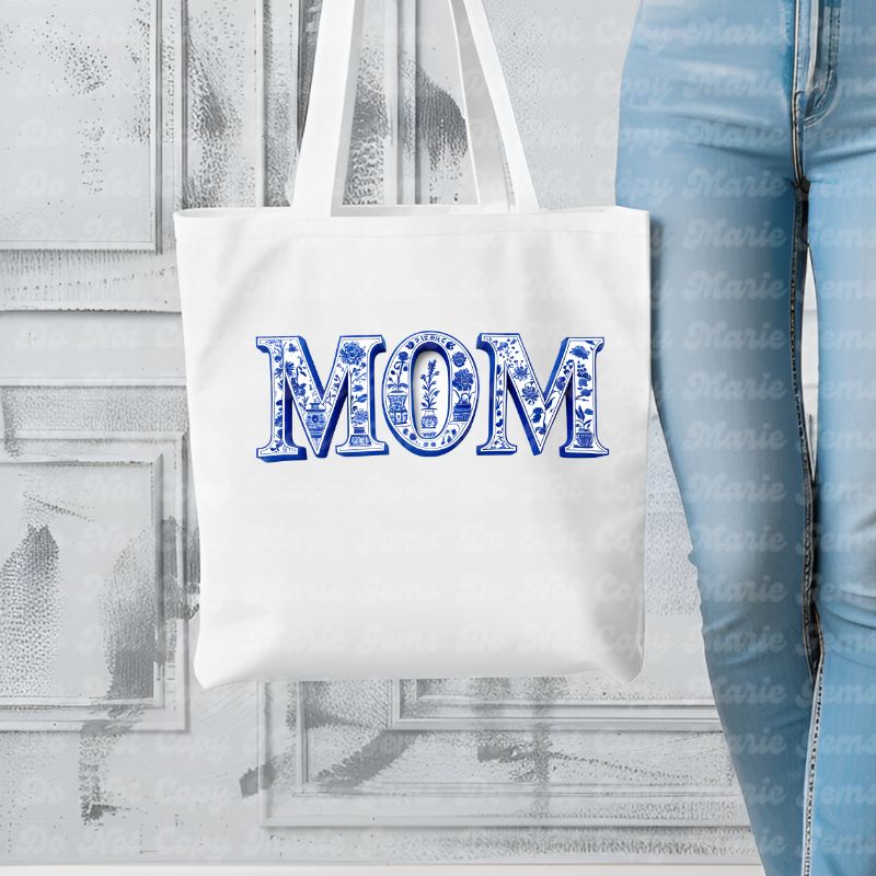 Chinoiserie MOM PNG: Floral Blue & White Design for Mother's Day Crafts. Elegant Digital Download for Sublimation, Prints & More, Commercial Use