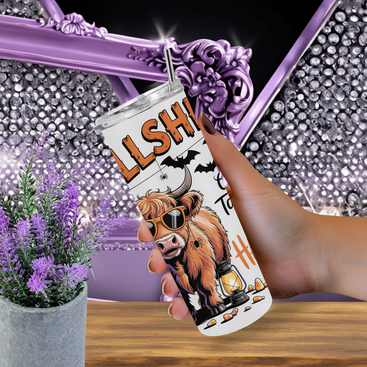 Bullsheet Highland Cow 20oz Skinny Tumbler, Tangled in Halloween, Funny Spooky Season Physical Tumbler for Cow Lovers