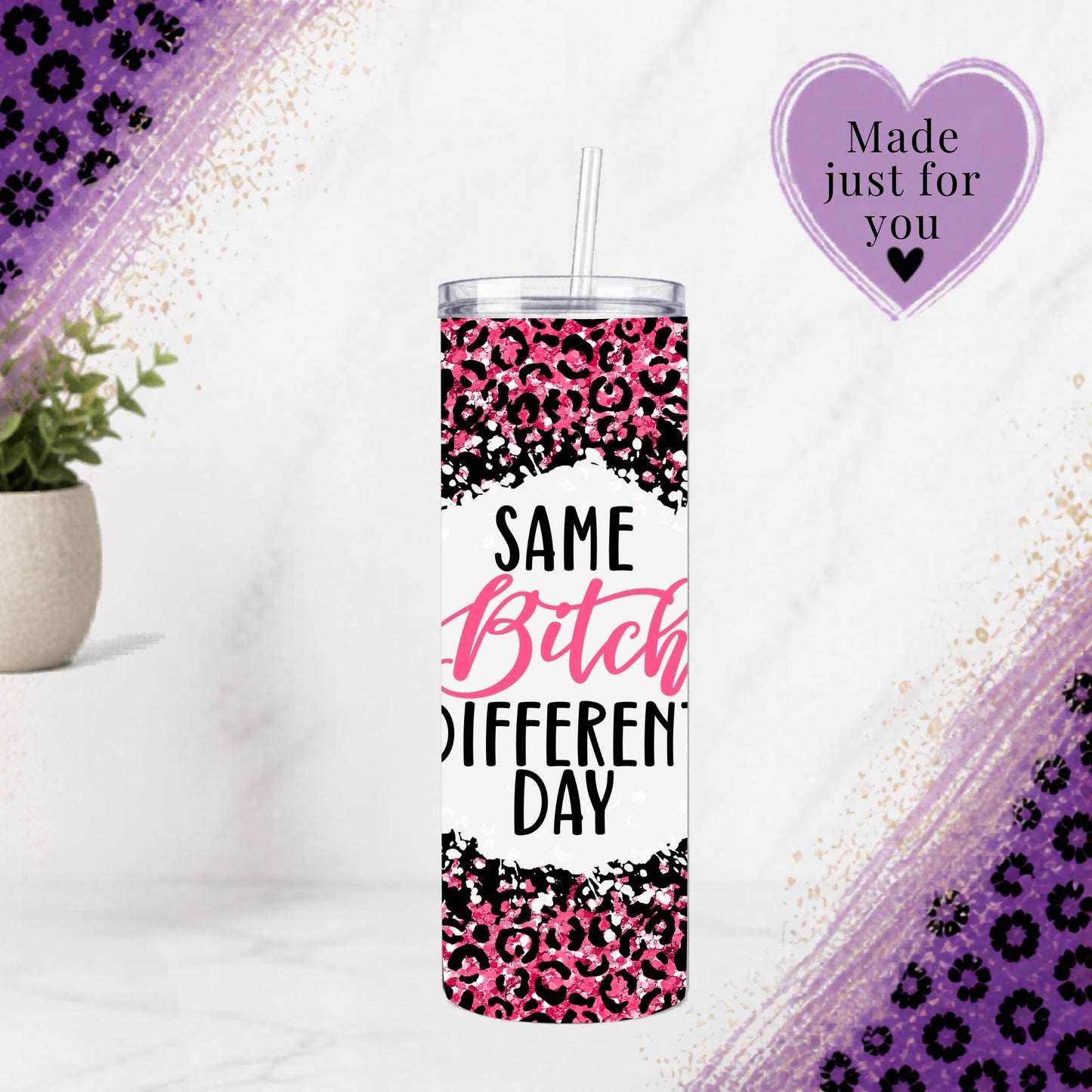 Funny Snarky 20oz Tumbler Same Bitch Different Day Pink Cheetah Print Travel Mug Glitter Animal Print Gift For Her with straw and decal