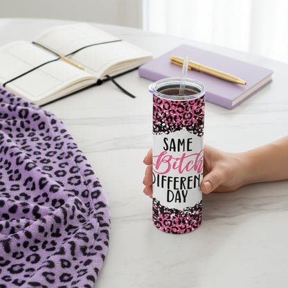 Funny Snarky Handmade 20 oz Stainless Steel Tumbler showing a pink cheetah-inspired print with a glittery look