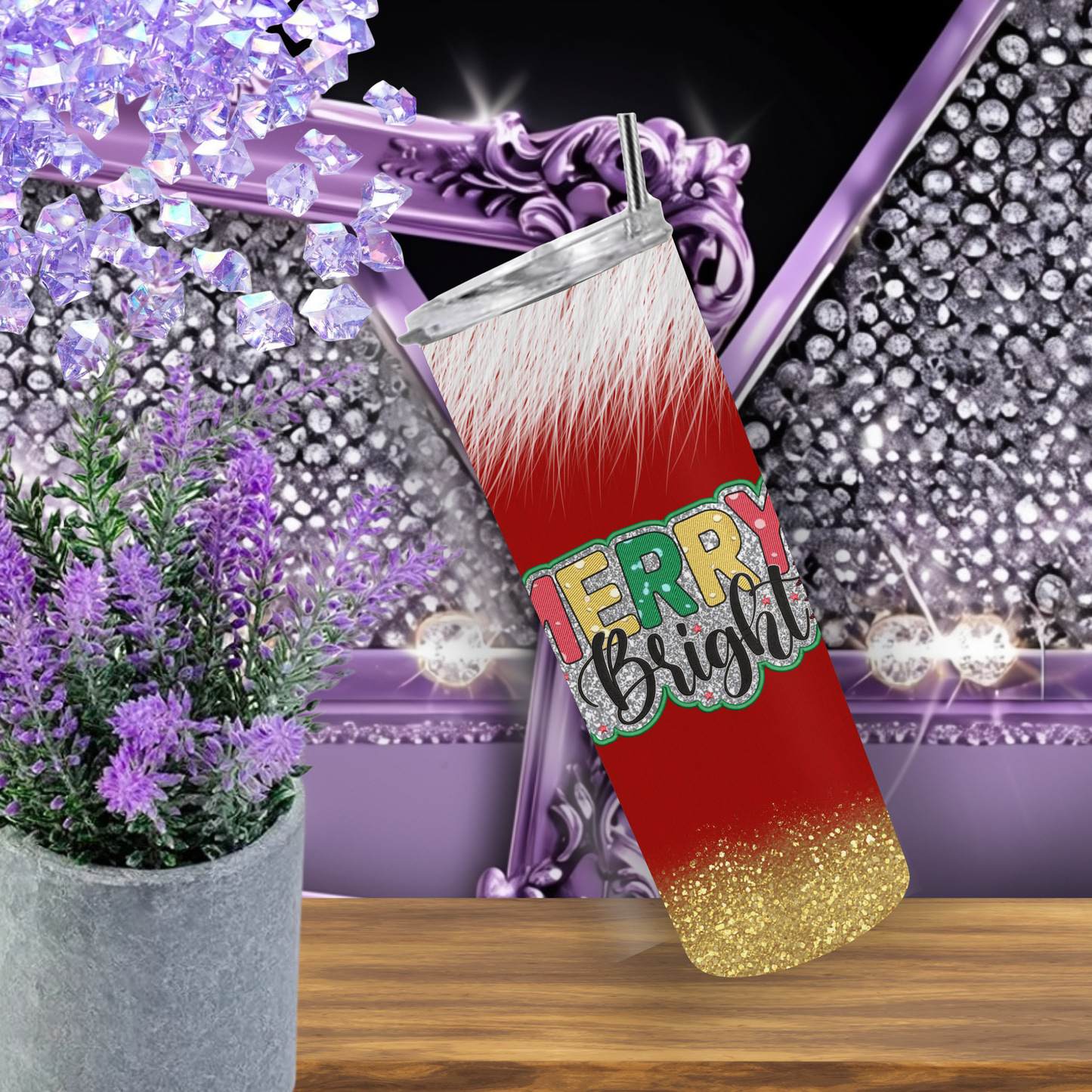 Merry & Bright Tumbler 20 oz – Red Christmas Tumbler with Faux Fur & Gold Glitter, Holiday Skinny Cup Gift for Her