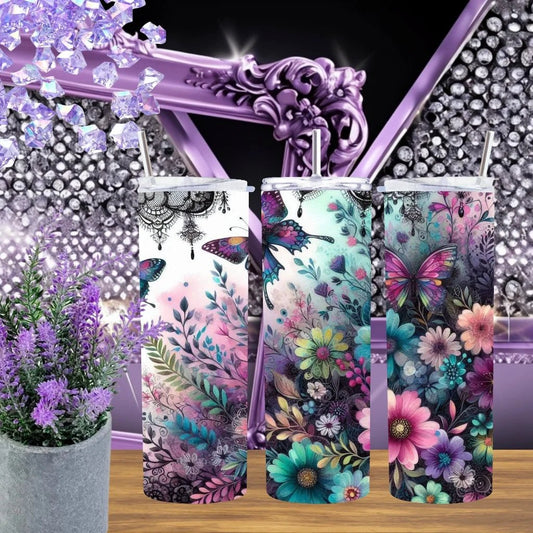 Ethereal Butterfly 20oz Tumbler Teal And Pink Floral Stainless Steel Cup Whimsical Garden Drinkware Gift For Her by Marie Gems