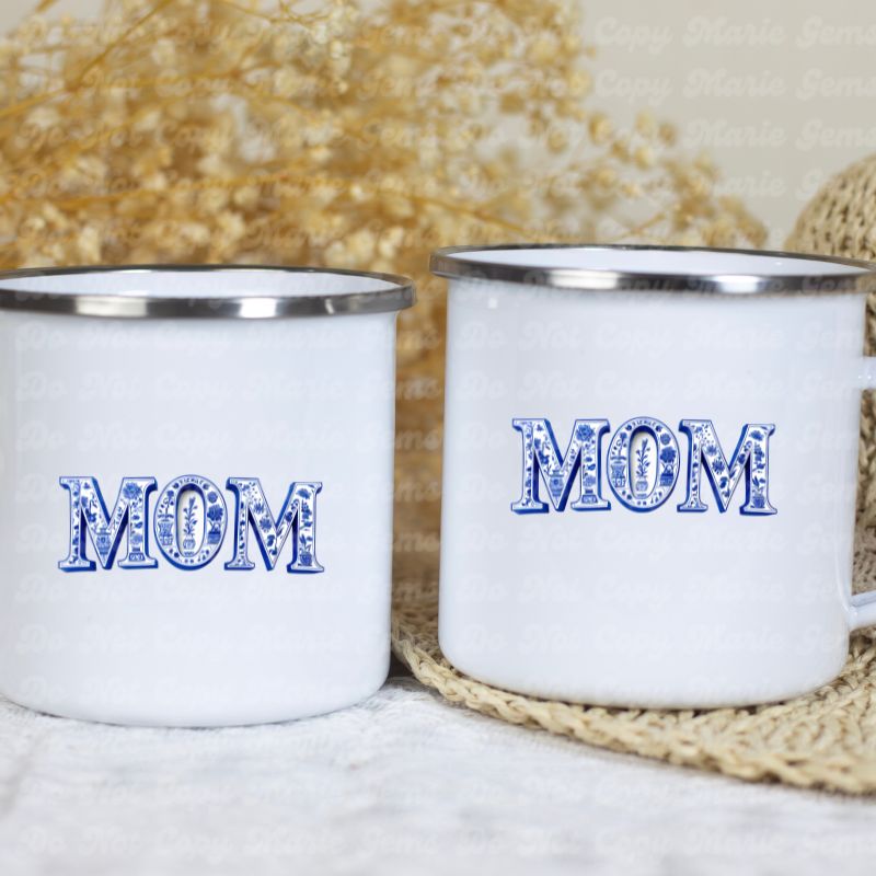 Chinoiserie MOM PNG: Floral Blue & White Design for Mother's Day Crafts. Elegant Digital Download for Sublimation, Prints & More, Commercial Use