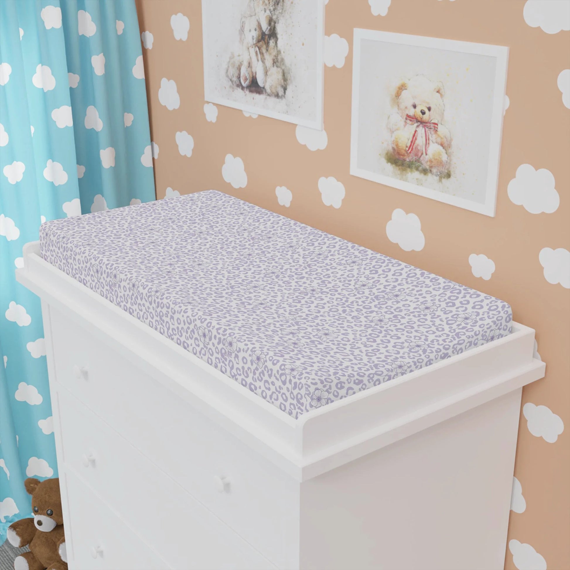 Purple Cheetah Changing Pad Cover - Modern Anemone Floral Nursery Bedding - Soft Lavender Cheetah Wallpaper Aesthetic - Personalized Baby Shower Gift by Printify