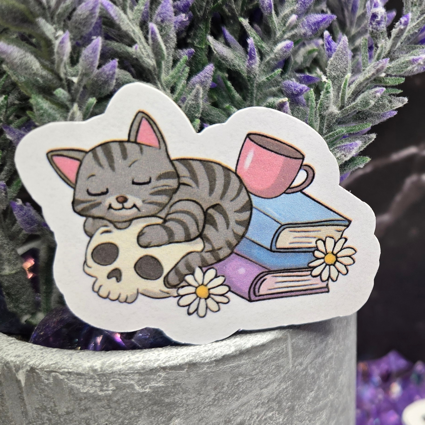 Cozy Goth Cat Sticker - Sleeping Feline on Skull with Books & Daisies - Whimsical Dark Academia Decal