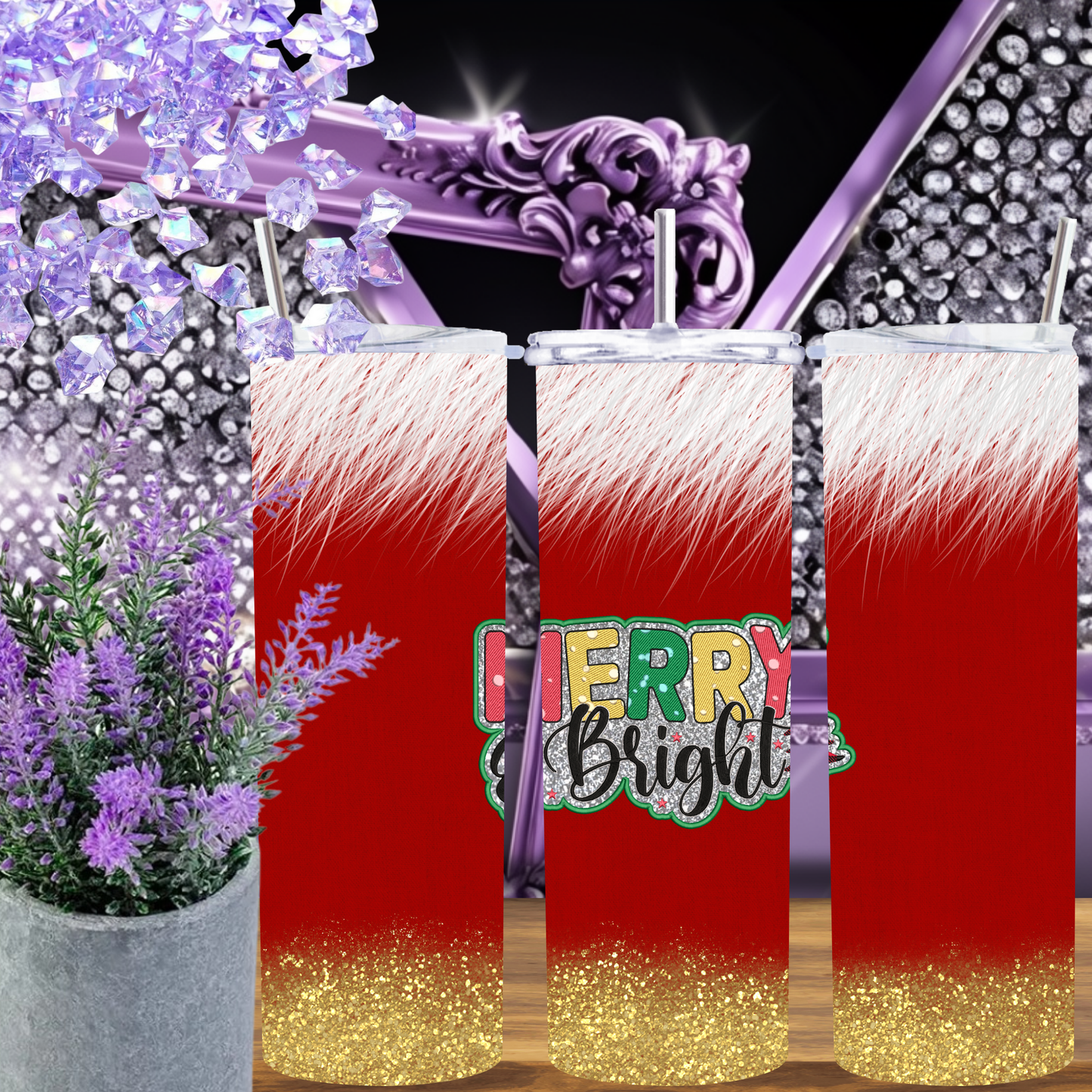Merry & Bright Tumbler 20 oz – Red Christmas Tumbler with Faux Fur & Gold Glitter, Holiday Skinny Cup Gift for Her