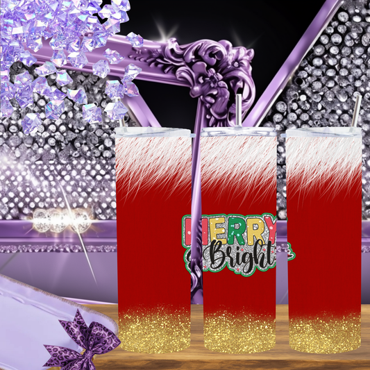 Merry & Bright Tumbler 20 oz – Red Christmas Tumbler with Faux Fur & Gold Glitter, Holiday Skinny Cup Gift for Her