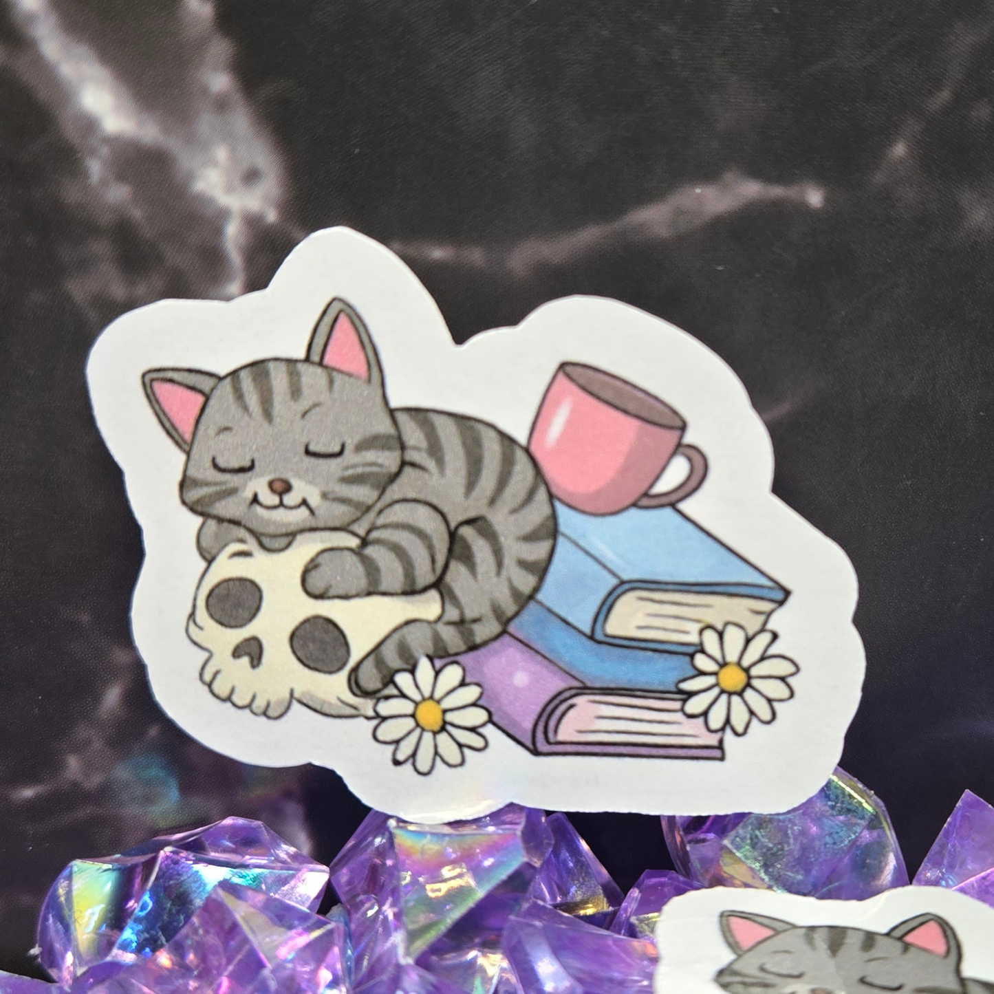 Cozy Goth Cat Sticker - Sleeping Feline on Skull with Books & Daisies - Whimsical Dark Academia Decal