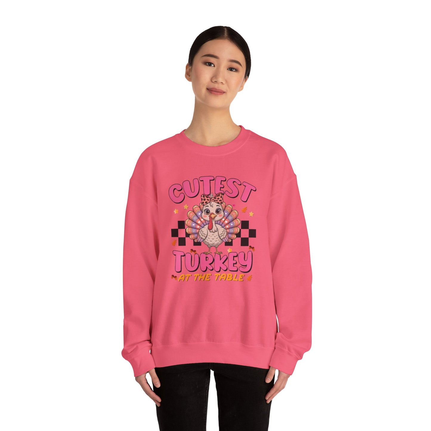Chic Retro Turkey Thanksgiving Sweatshirt: Cutest At The Table – Cozy Crewneck in Purple, Pink, & More Colors for Holiday Family Gatherings