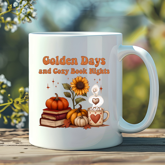 Golden Days and Cozy Book Nights Mug, Autumn Reading Coffee Cup, Fall Vibes Mug, Cozy Season Drinkware, Bookworm Gift, Literary Drinkware
