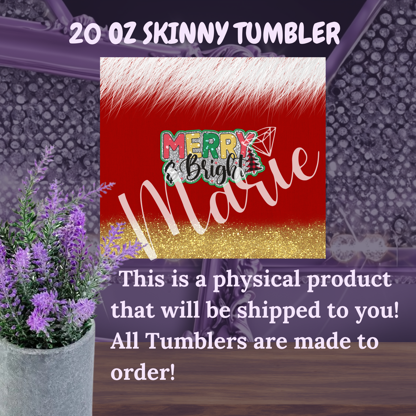 Merry & Bright Tumbler 20 oz – Red Christmas Tumbler with Faux Fur & Gold Glitter, Holiday Skinny Cup Gift for Her
