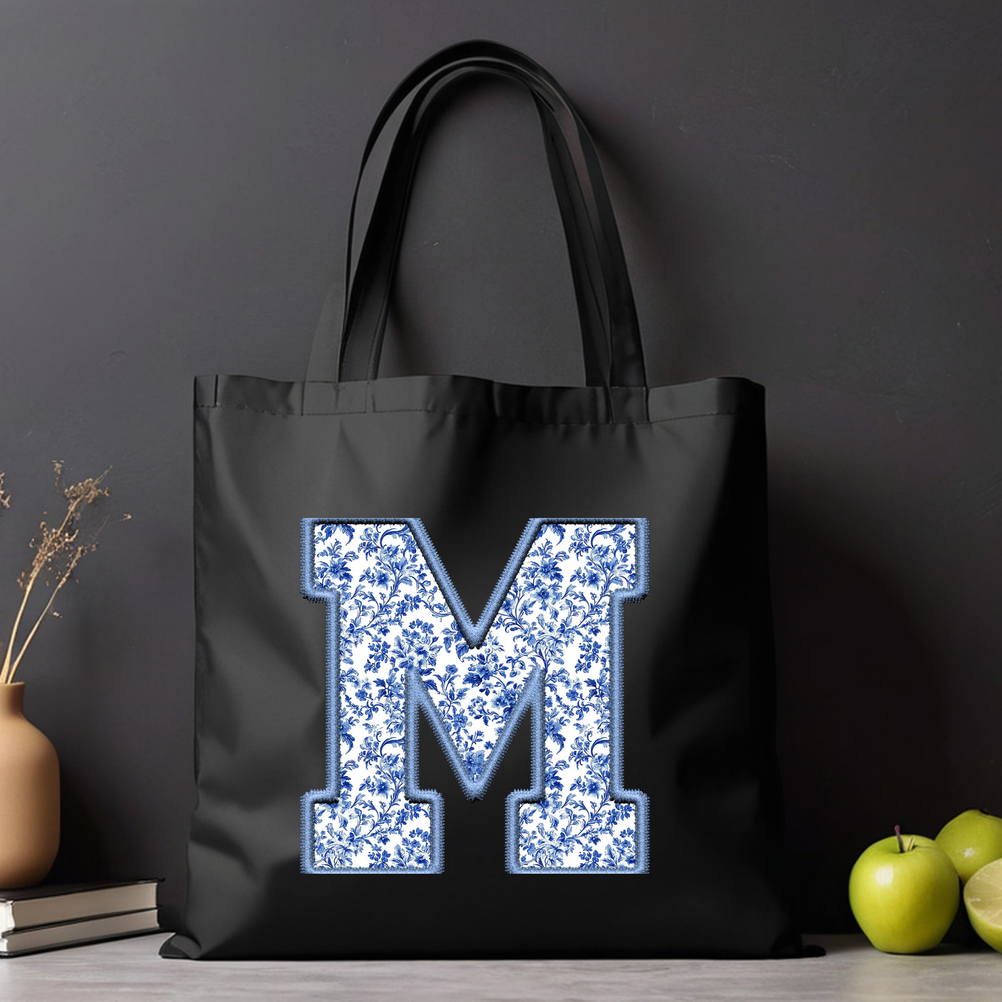 Personalized Chinoiserie Letter Tote Bag - Elegant Initial Design on Black Canvas (15x16)