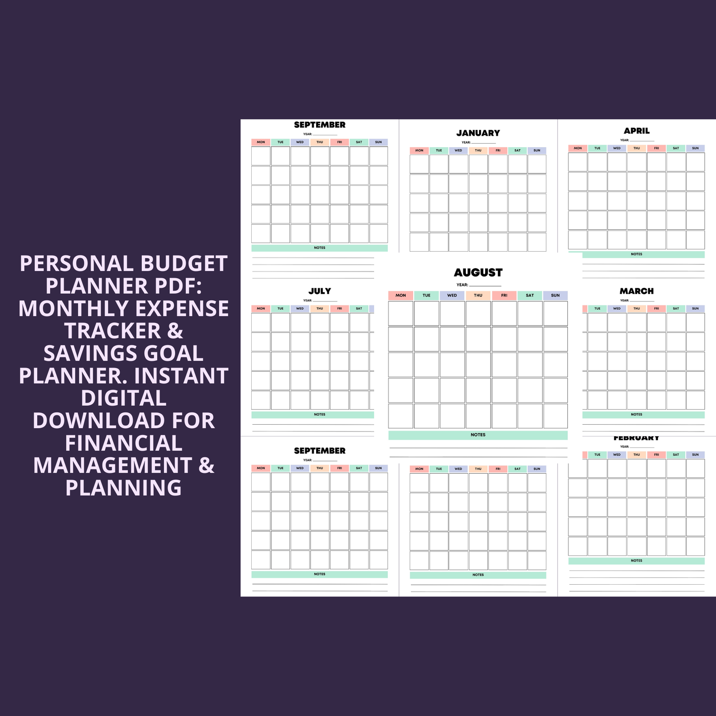 Personal Budget Planner PDF: Monthly Expense Tracker & Savings Goal Planner. Instant Digital Download for Financial Management & Planning