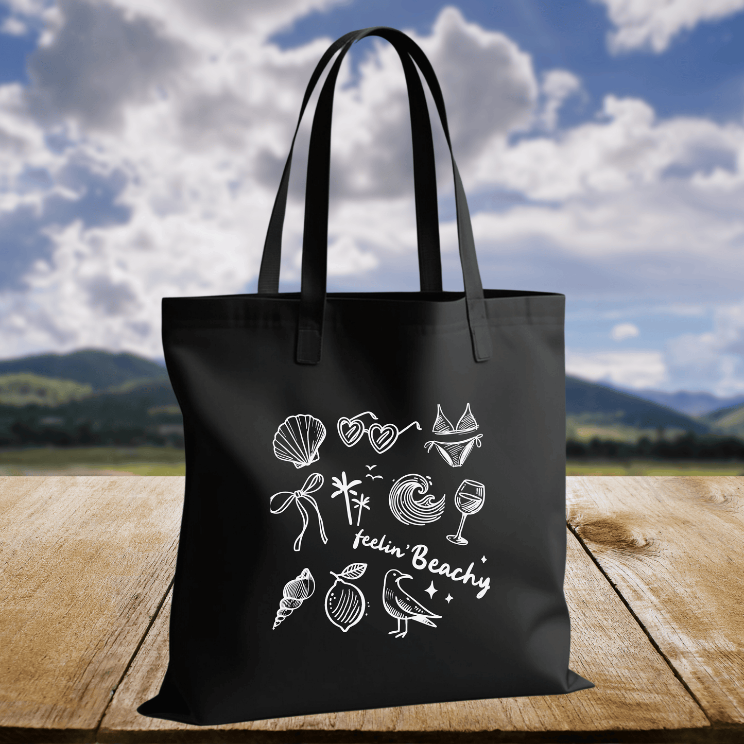 Black Canvas Tote Bag with "Feelin' Beachy" Design - Large 15x16 inch Reusable Shopping Bag
