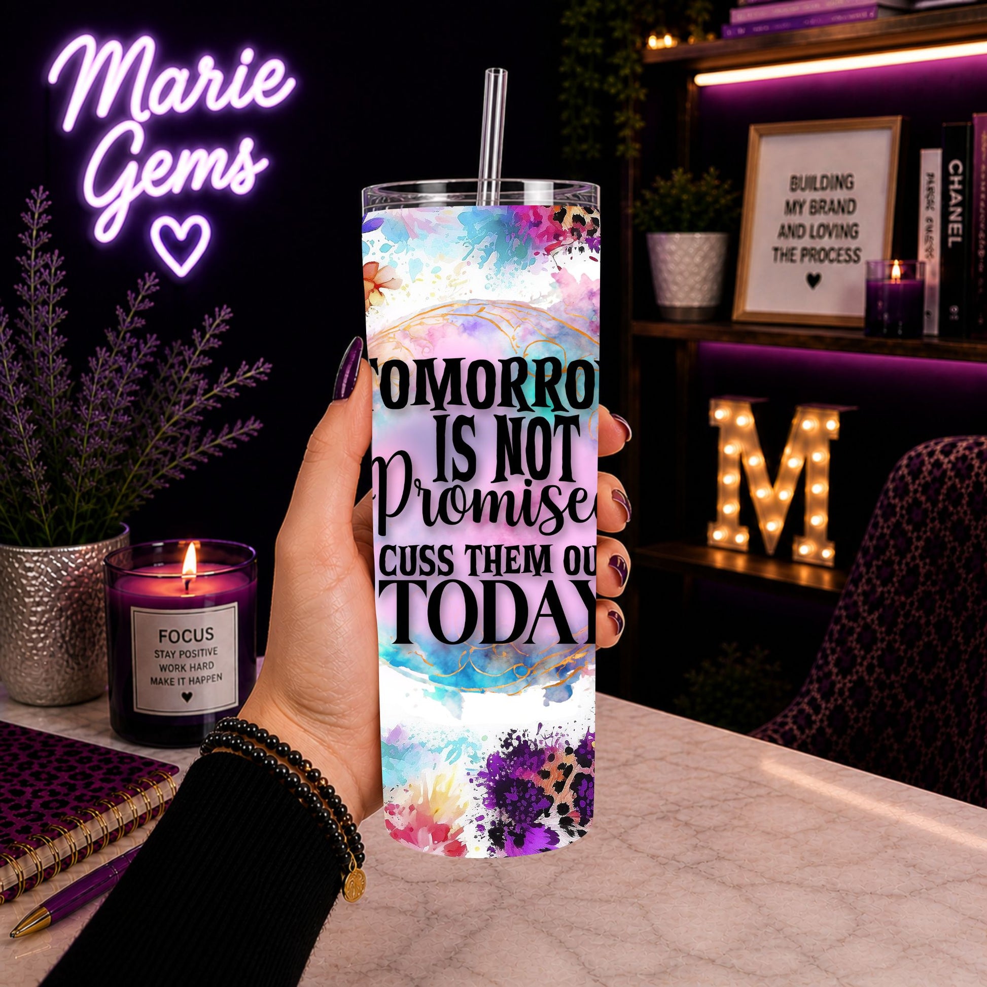 Hand holding Funny Floral 20oz Tumbler Rainbow Rose Sarcastic Gift For Her Cuss Them Out Today Snarky Drinkware in cozy workspace with purple accents