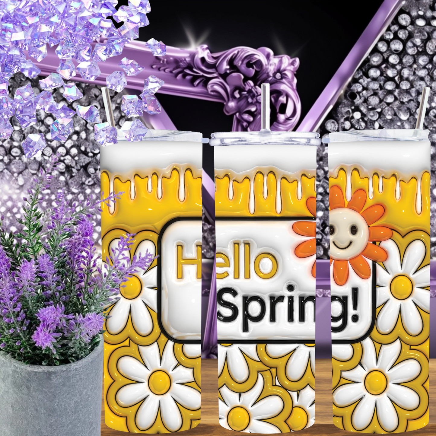 Hello Spring Tumbler 20 oz – Daisy Floral Skinny Tumbler with Honey Drip Design, Double Wall Insulated Cup with Straw, Spring Gift for Her