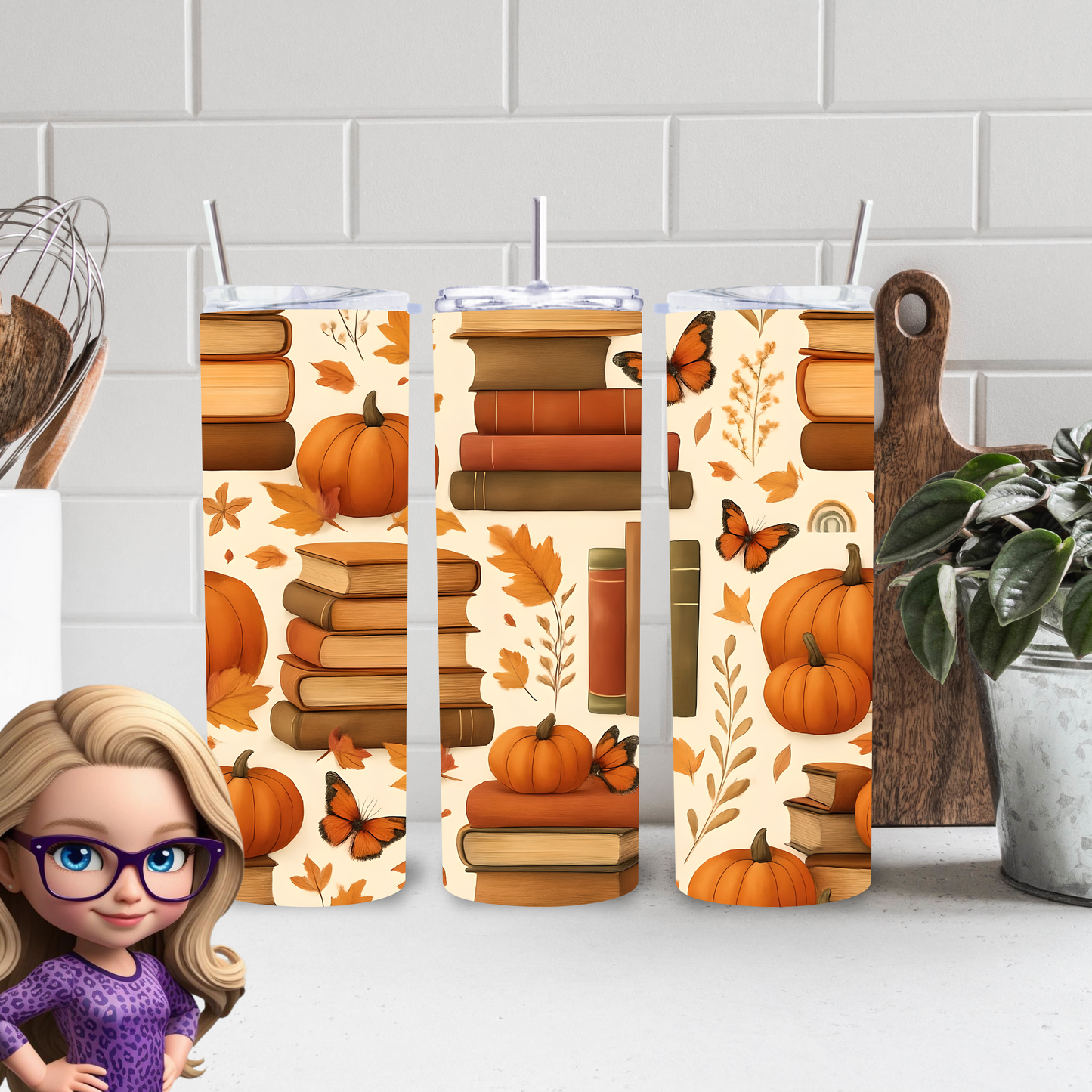 Autumn Books 20oz Skinny Tumbler, Fall Pumpkin and Butterfly Design, Book Lover Gift, Fall Aesthetic Drinkware, Physical Tumbler
