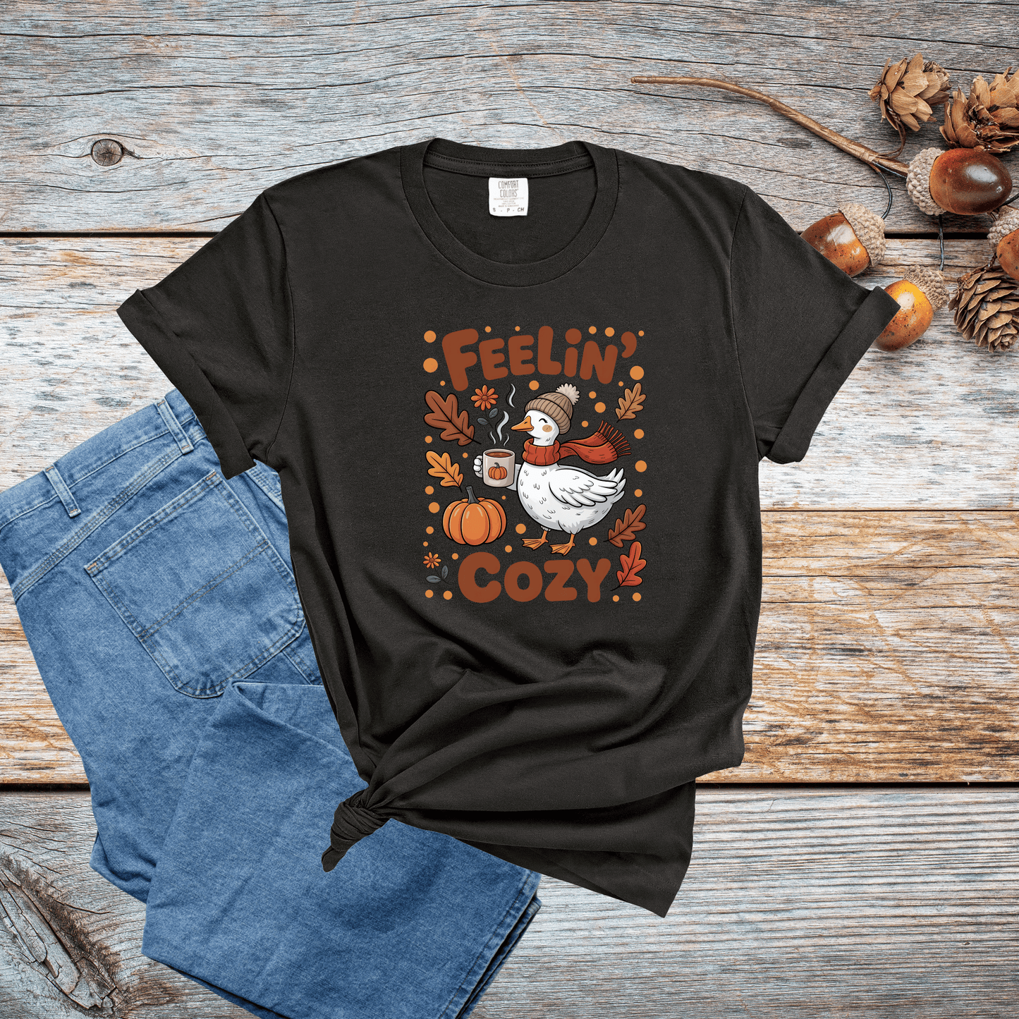 Feelin' Cozy Comfort Colors T-shirt - Autumn Duck with Pumpkin Spice Latte Graphic Tee