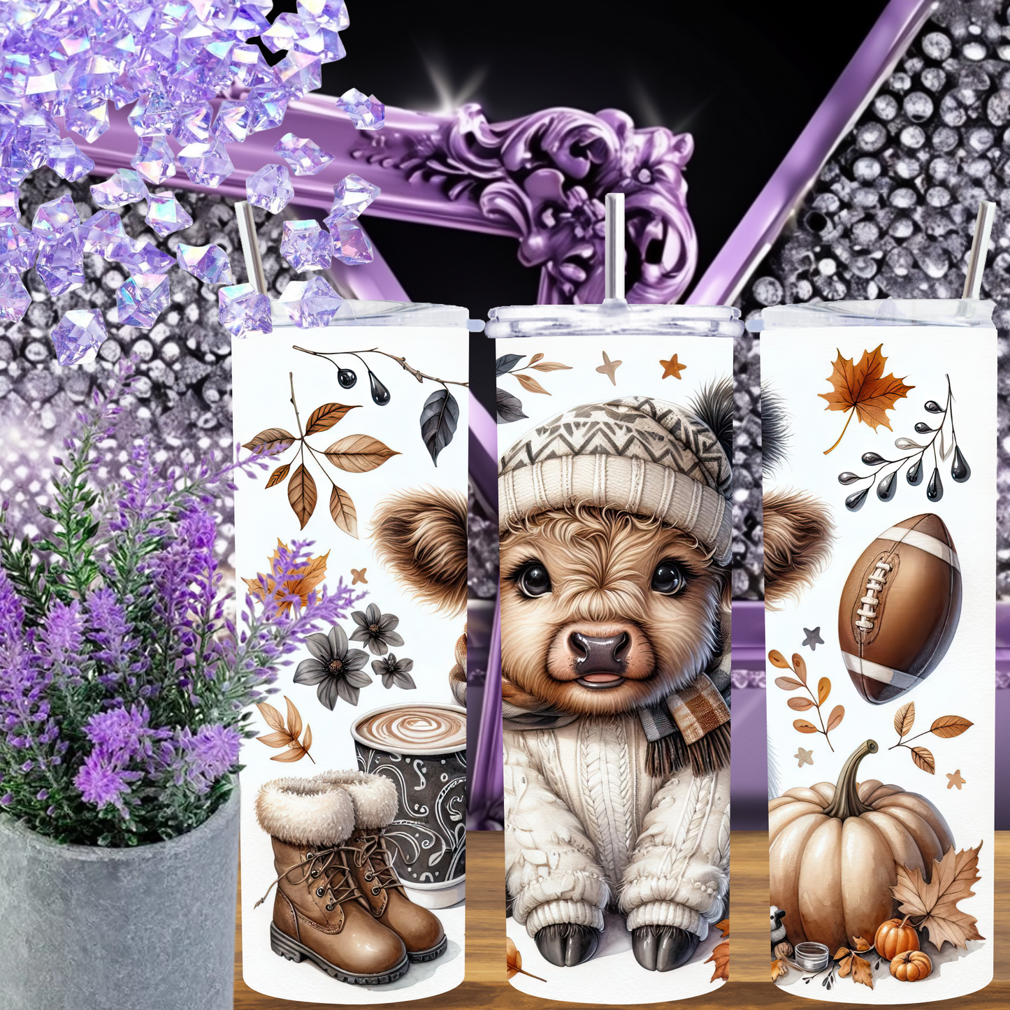 Cozy Highland Cow Autumn Fall 20oz Skinny Tumbler, Baby Cow in Beanie, Pumpkin Spice Season, Football Season, Fall Aesthetic Gift for Her