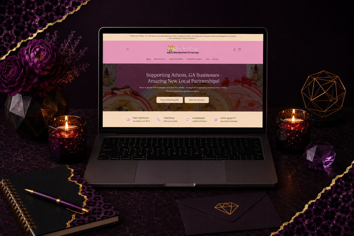 Laptop on purple textured surface with candles, purple floral arrangement, notebook, pen, and geometric decor pieces