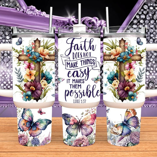 Faith Over Easy 40oz Tumbler with Handle • Luke 1:37 Christian Travel Mug • Large Floral Cross Water Bottle • Religious Inspirational Gift for Her • Handmade Sublimation Insulated Cup by Marie Gems