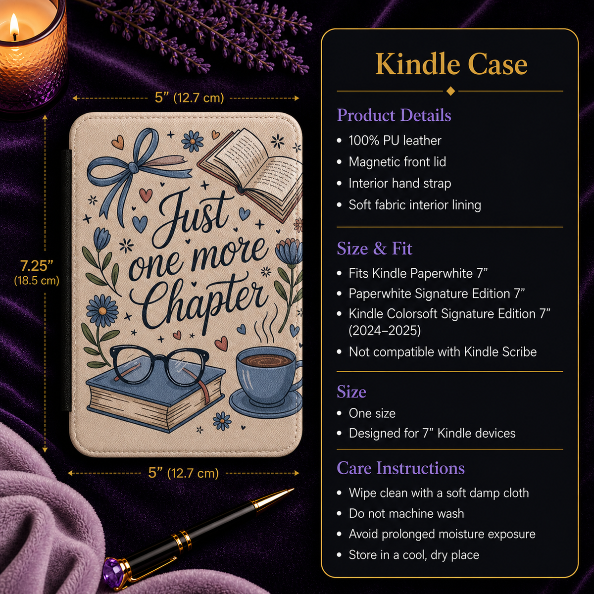 Just One More Chapter Current 7-Inch Kindle Paperwhite Case showing just one more chapter kindle case artwork with just one more chapter kindle case, book lover kindle case