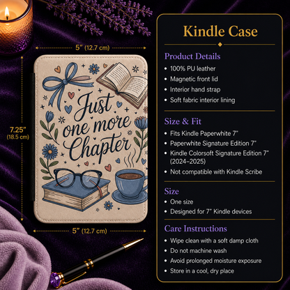 Just One More Chapter Current 7-Inch Kindle Paperwhite Case showing just one more chapter kindle case artwork with just one more chapter kindle case, book lover kindle case
