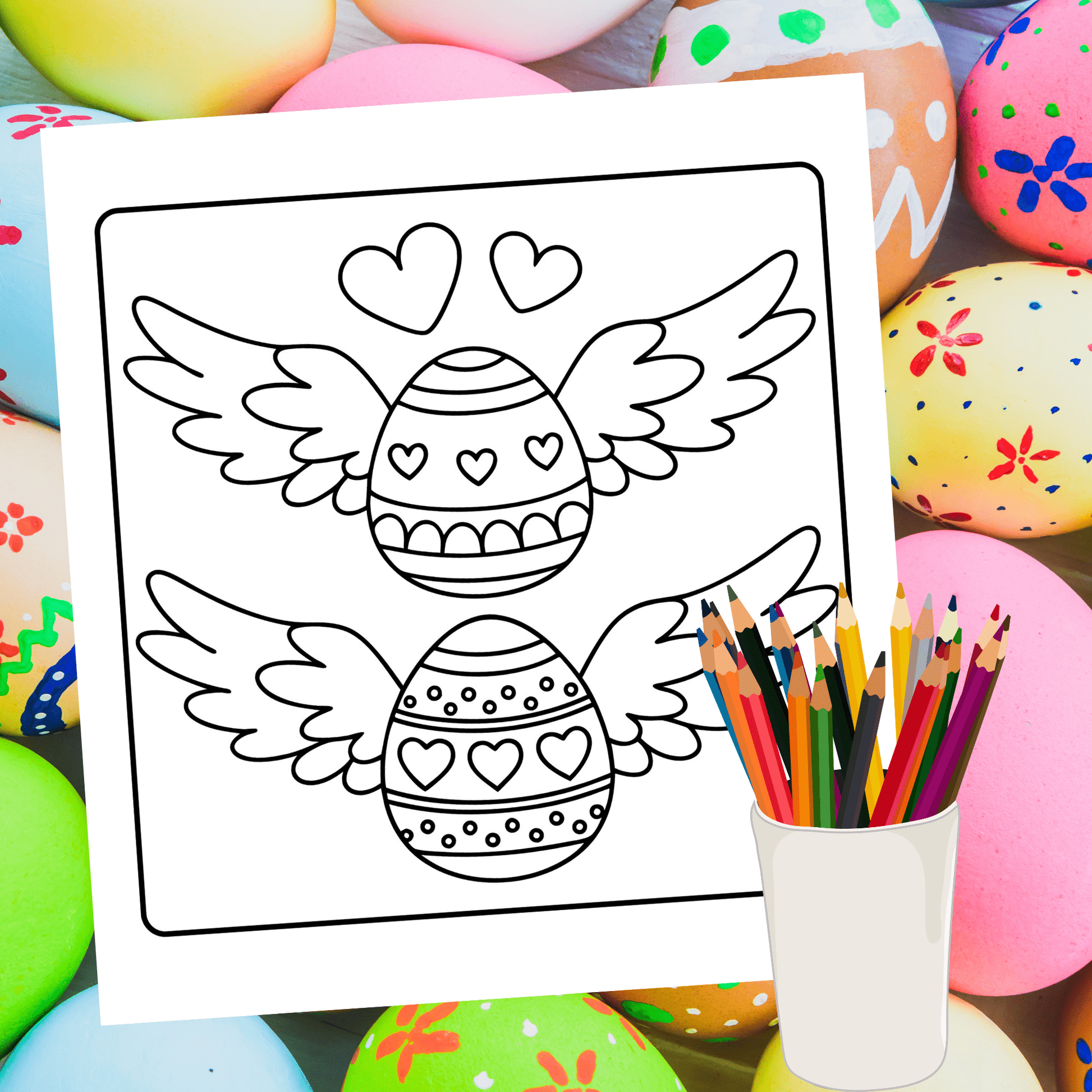 50 Easter Coloring Pages with winged eggs and hearts for preschool Easter activity and spring coloring fun