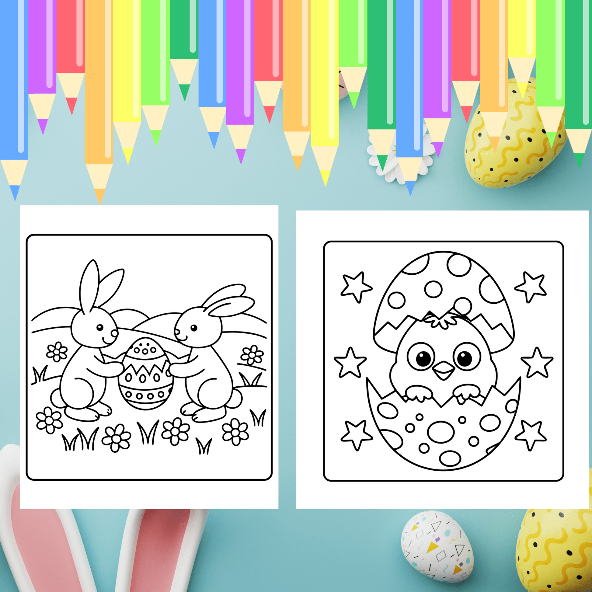 50 Easter Coloring Pages featuring bunny and chick scenes, perfect for preschool Easter activity and spring coloring fun.