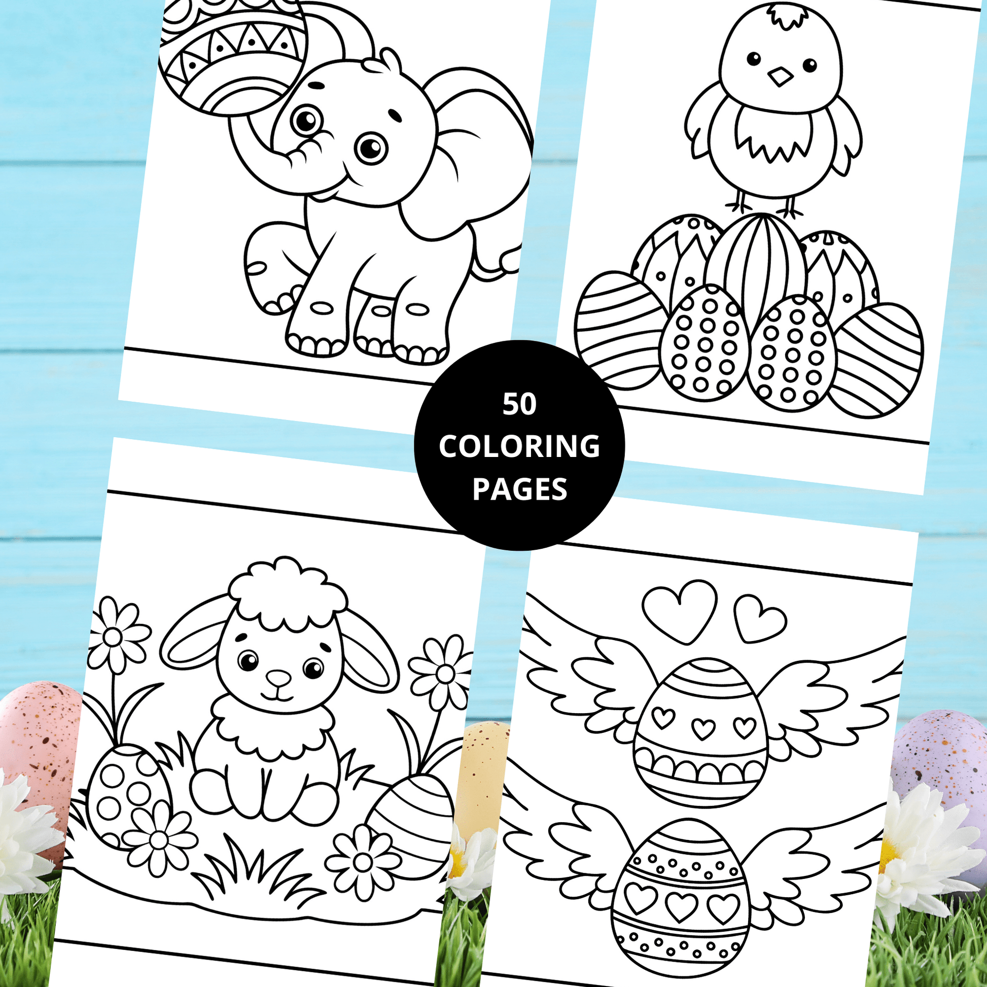 50 Easter Coloring Pages, Bunny Coloring Page, Preschool Coloring, Easter Activity, Spring Coloring Page, Easter Fun with cute animal designs.