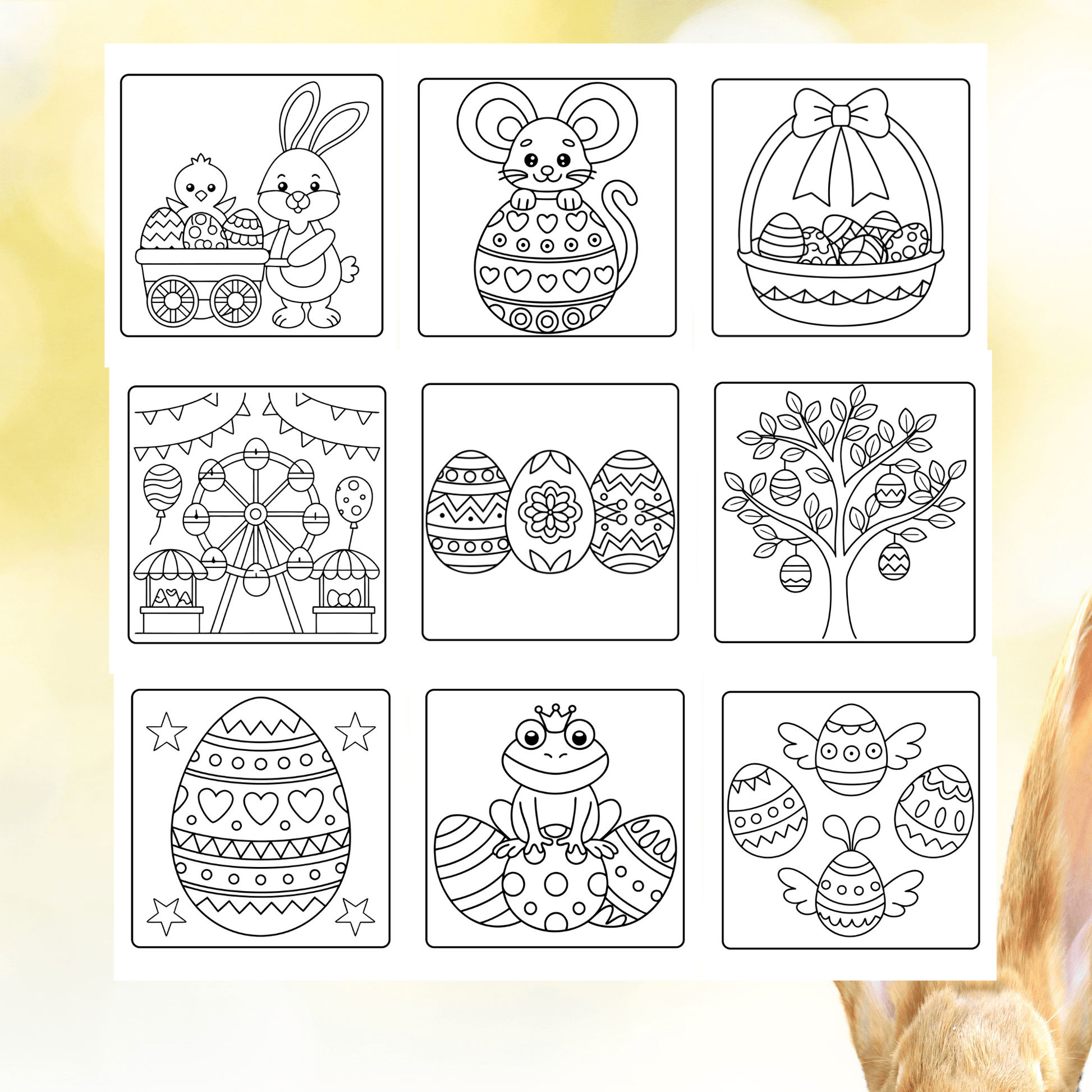 50 Easter Coloring Pages featuring bunnies, Easter eggs, spring scenes for preschool Easter activity and fun coloring.