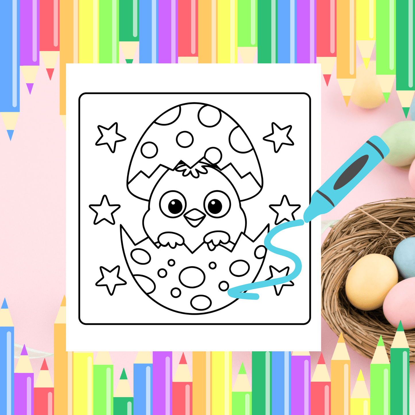 50 Easter Coloring Pages featuring a cute chick hatching from an egg, perfect for preschool Easter fun and spring activities.
