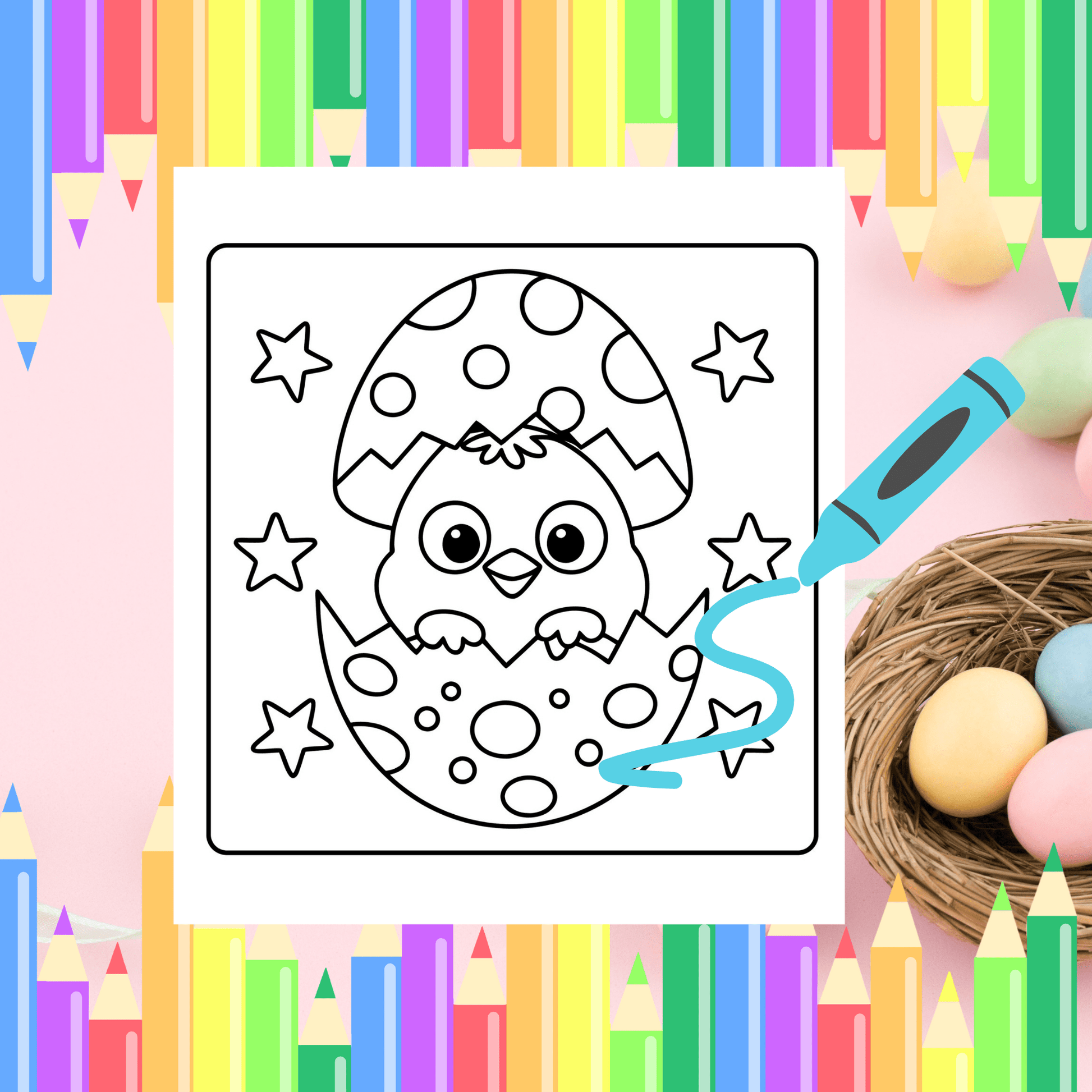 50 Easter Coloring Pages featuring a cute chick hatching from an egg, perfect for preschool Easter fun and spring activities.