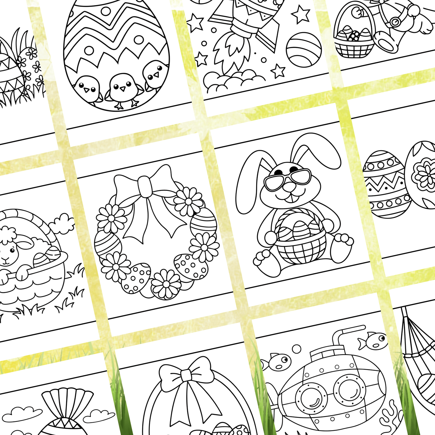 50 Easter Coloring Pages featuring bunnies, eggs, wreaths, and spring designs for preschool Easter activity and fun.