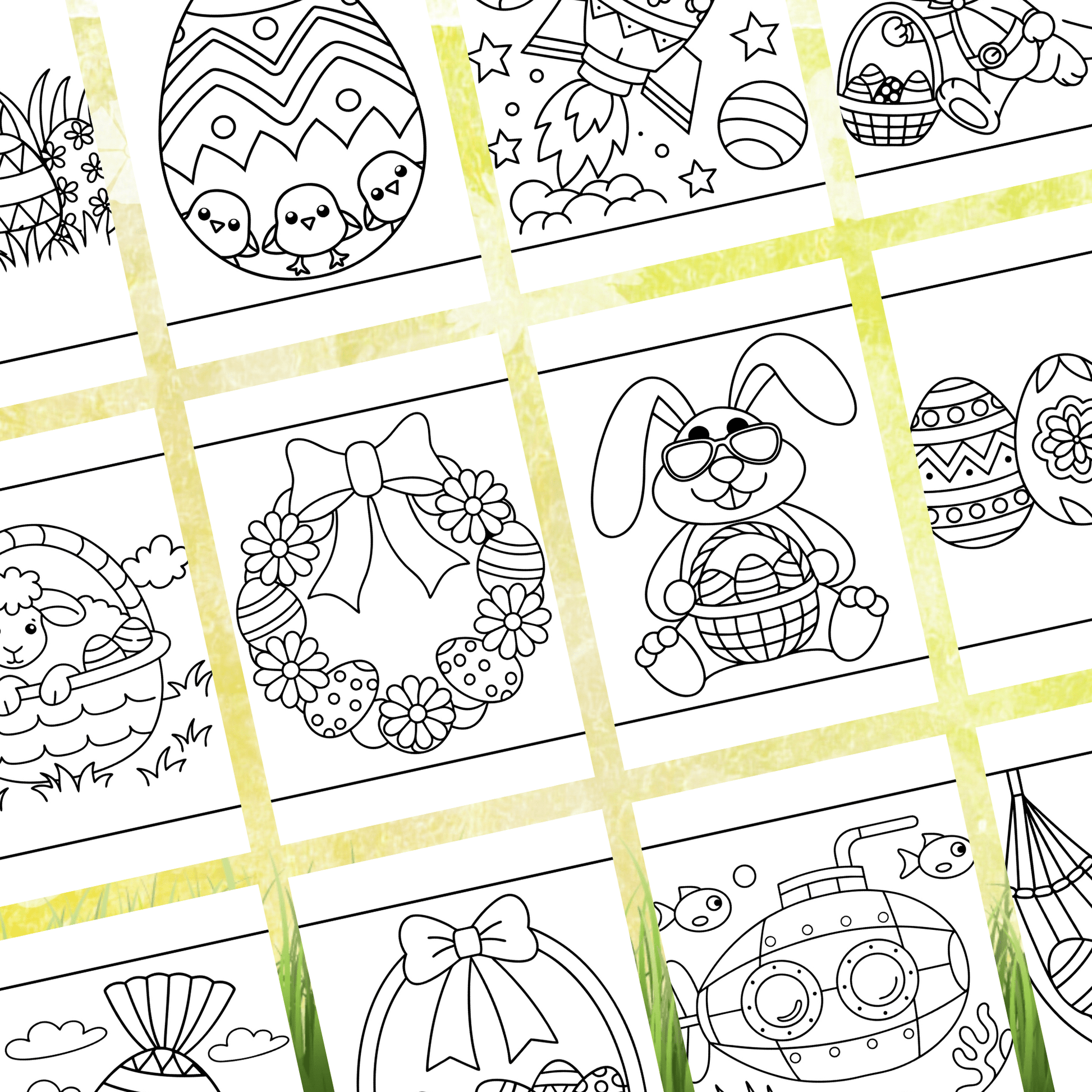 50 Easter Coloring Pages featuring bunnies, eggs, wreaths, and spring designs for preschool Easter activity and fun.