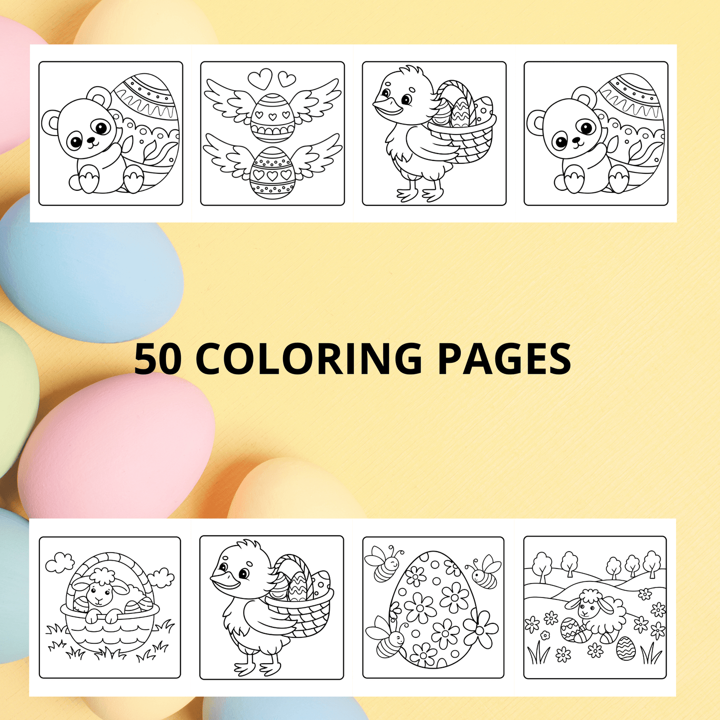 50 Easter Coloring Pages, Bunny Coloring Page, Preschool Coloring, Easter Activity, Spring Coloring Page, Easter Fun with cute animal designs.