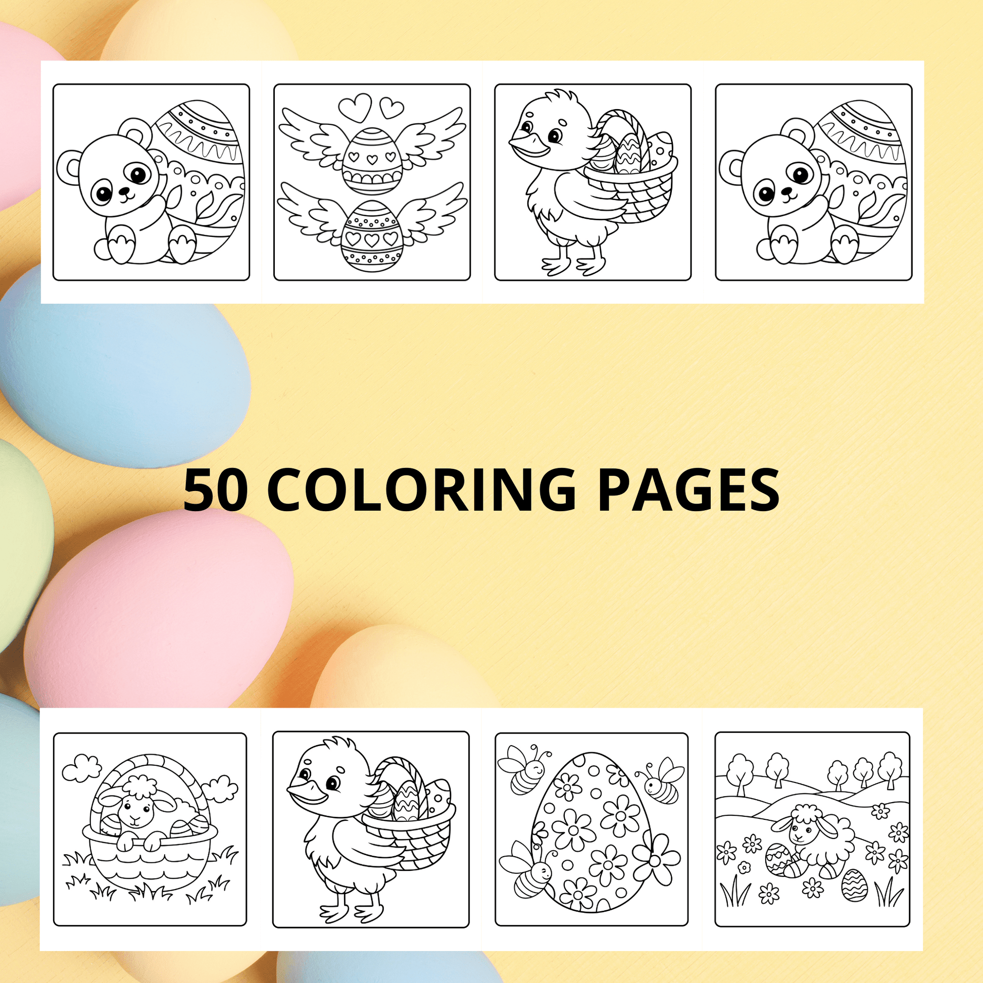 50 Easter Coloring Pages, Bunny Coloring Page, Preschool Coloring, Easter Activity, Spring Coloring Page, Easter Fun with cute animal designs.