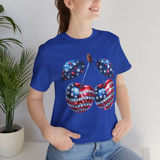Sparkling Patriotic Cherry T-Shirt: Red, White & Blue American Pride Tee